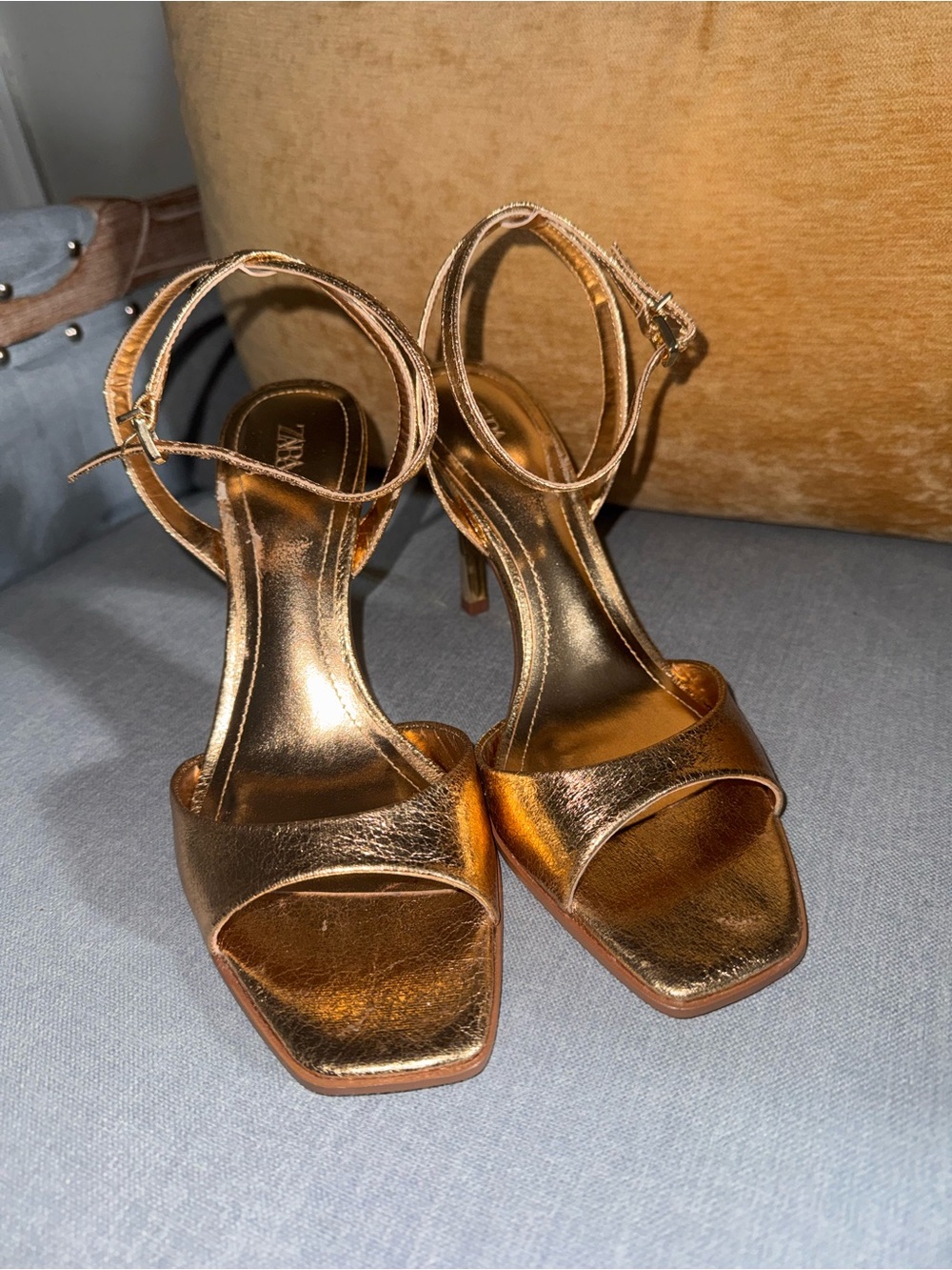 Zara Metallic Bronze Ankle-Strap Heels